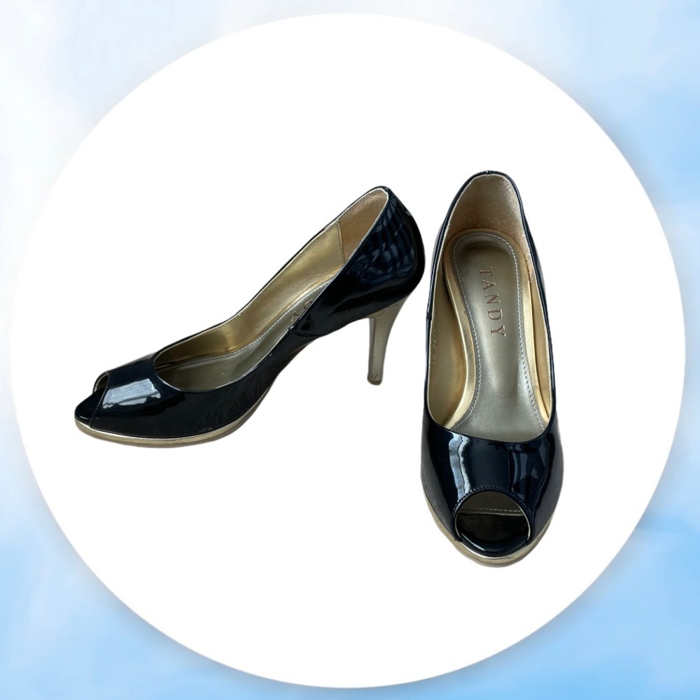 Tandy Black Peep Toe Pump Heels Gold Korean 6.5 235